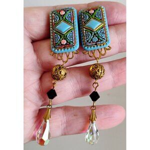 Rare Vtg DONA Signed Dangle Earrings Hand-painted Crystal Boho Ornaments by Dona